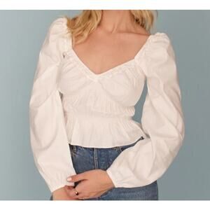 REFORMATION Fern Cotton V-neck Square Back Long Sleeved Ruched Top White S